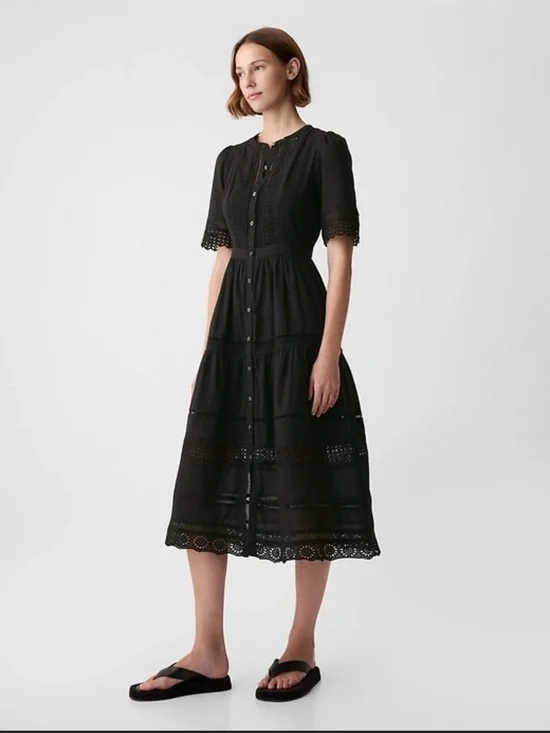 GAP Black Lace Button-Front Midi Dress - Picture 1 of 5